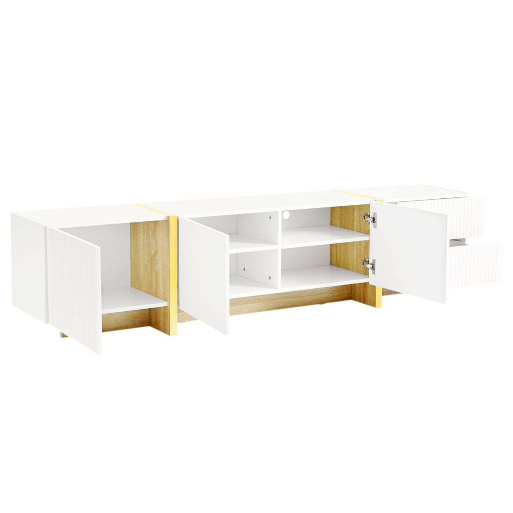 Leoglint ON-TREND Luxury Fluted TV Stand for TVs Up to 80'', Modern Entertainment Center with Storage Cabinets & Drawers, Smooth Media Console with Golden Wood Grain Legs for Living Room, White