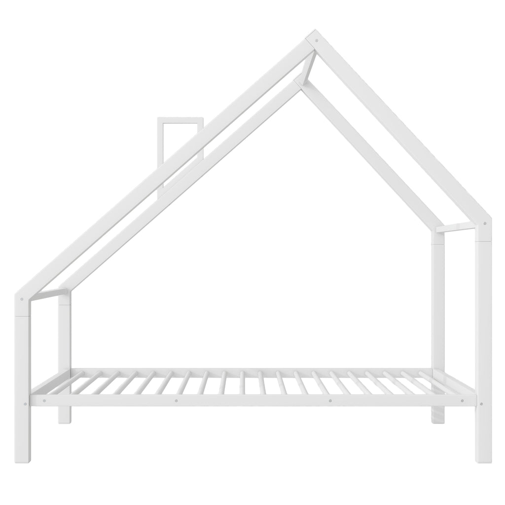 Leoglint Twin Size Metal House Platform Bed Frame with Roof and Chimney, White