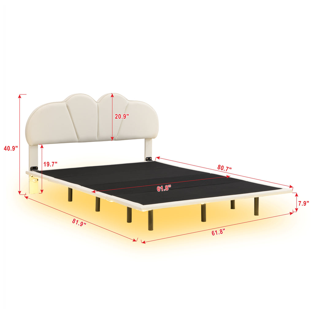 Queen Size Upholstery LED Floating Bed Frame with PU Leather Headboard and Support Legs,Beige