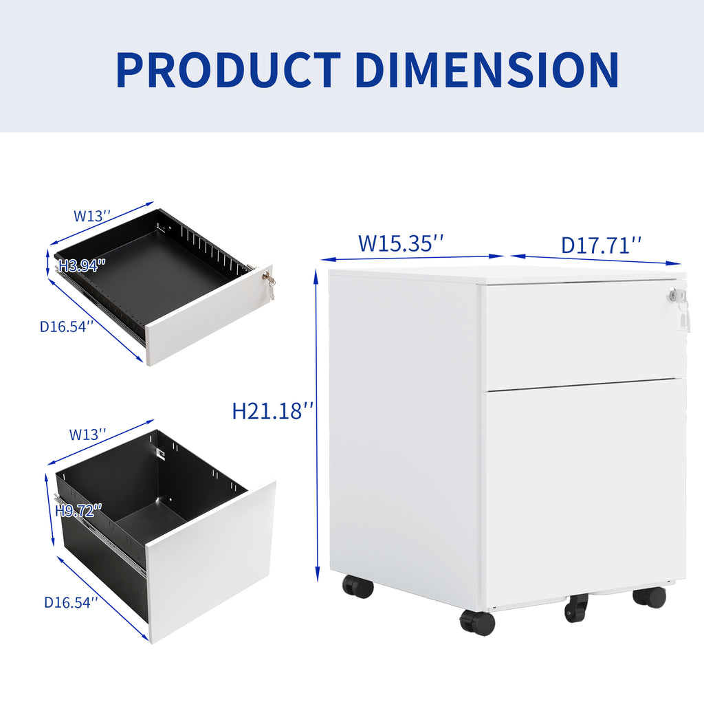 Leoglint 2 Drawer Mobile File Cabinet with Lock Steel File Cabinet for Legal/Letter/A4/F4 Size, Fully Assembled except for Wheels, Home/ Office Design, White