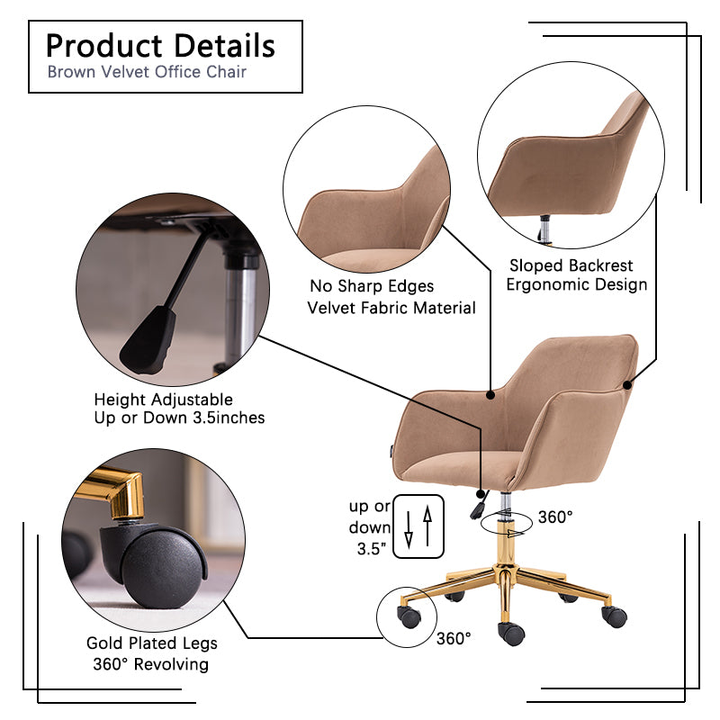 Leoglint 002-Velvet Fabric Adjustable Height 360 revolving Home Office Chair with Gold Metal Legs and Universal Wheels for Indoor,Light Coffee