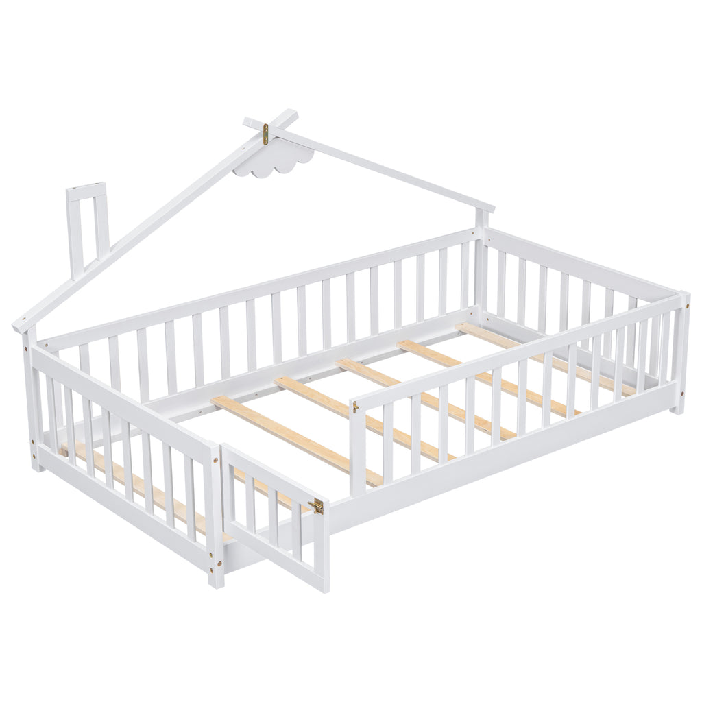 Twin House-Shaped Bedside Floor Bed Frame with Guardrails, Slats, with Door,White