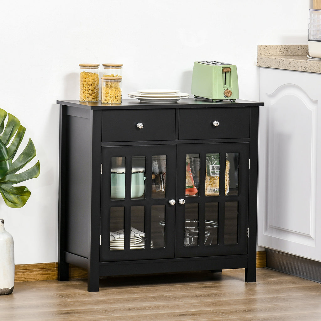 Leoglint Sideboard Buffet Cabinet, Accent Kitchen Cabinet with Glass Doors, Adjustable Shelf and 2 Drawers for Kitchen, Black