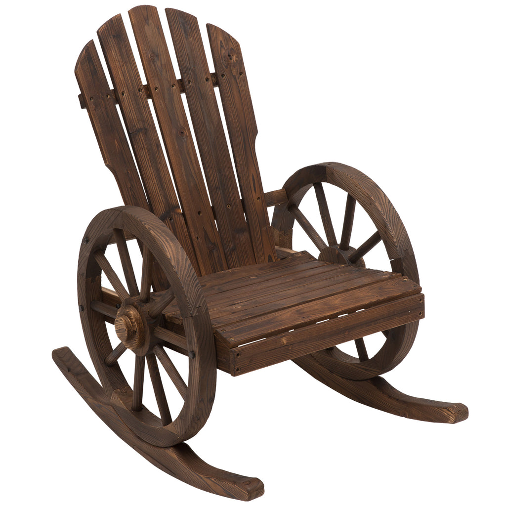 Leoglint Wooden Rocking Outdoor Chair, Adirondack Rocker Chair w/ Slatted Design and Oversized Back, Outdoor Rocking Chair with Wagon Wheel Armrest for Porch, Poolside, and Garden, Carbonized