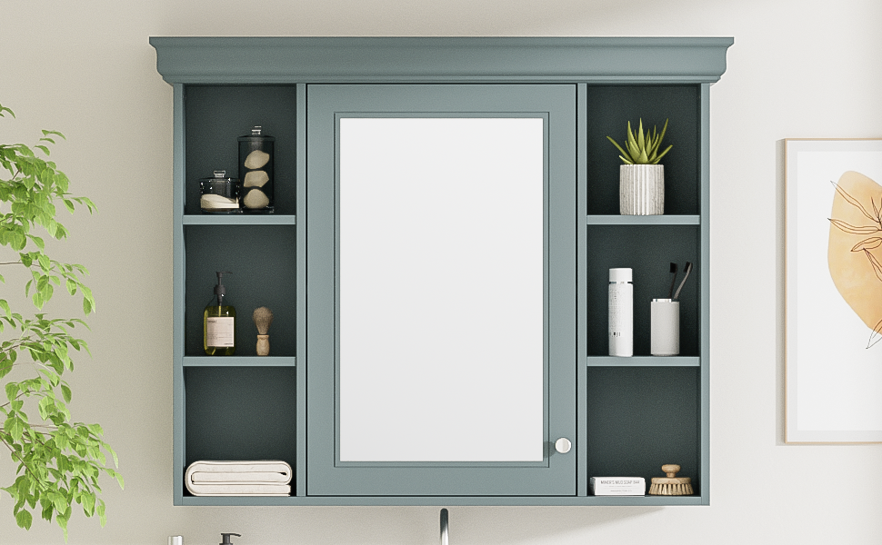 Leoglint 35'' x 28'' Blue Wall Mounted Bathroom Storage Cabinet with Mirror Door, Modern Bathroom Wall Cabinet with Mirror, Medicine Cabinet with 6 Open Shelves