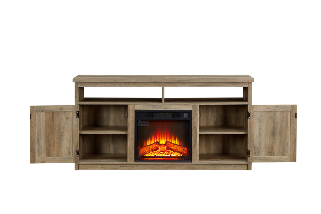 Leoglint Farmhouse TV Stand, Large Barn Inspired Home Entertainment Console, with 18" Fireplace Insert, for TV Up to 65'', with Open Shelves and Closed Cabinets, Gray Wash 57.87*15.75*30.31