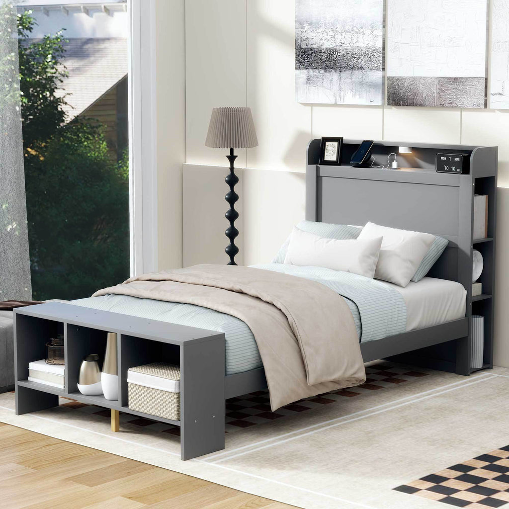 Leoglint Twin Size Platform Bed Frame with built-in shelves, LED Light and USB ports, Gray