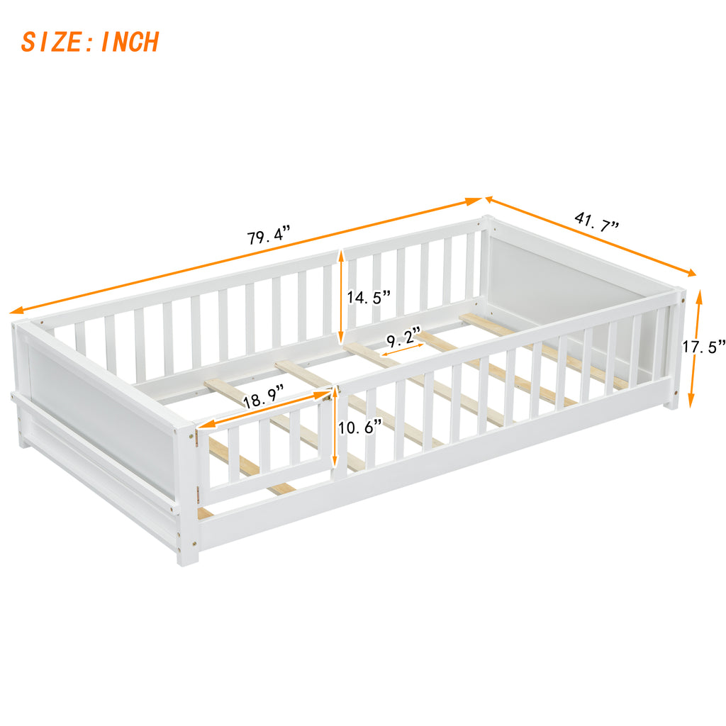 Leoglint Twin size Floor Platform Bed Frame with Built-in Book Storage Rack, Door,White