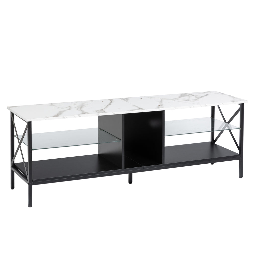 Leoglint TV stand,Iron TV cabinet,entertainment center, TV set, media console, with LED lights, remote control,toughened glass stand,can be placed in the living room, bedroom, color:white with marble texture