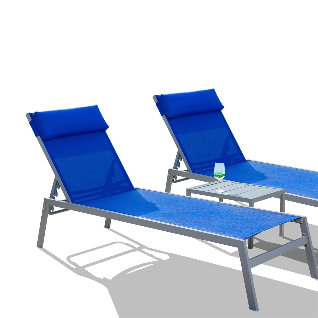 Leoglint Patio Chaise Lounge Set, 3 Pieces Adjustable Backrest Pool Lounge Outdoor Chairs Steel Textilene Sunbathing Recliner with Headrest (Blue.2 Lounge Chairs+1 Table)