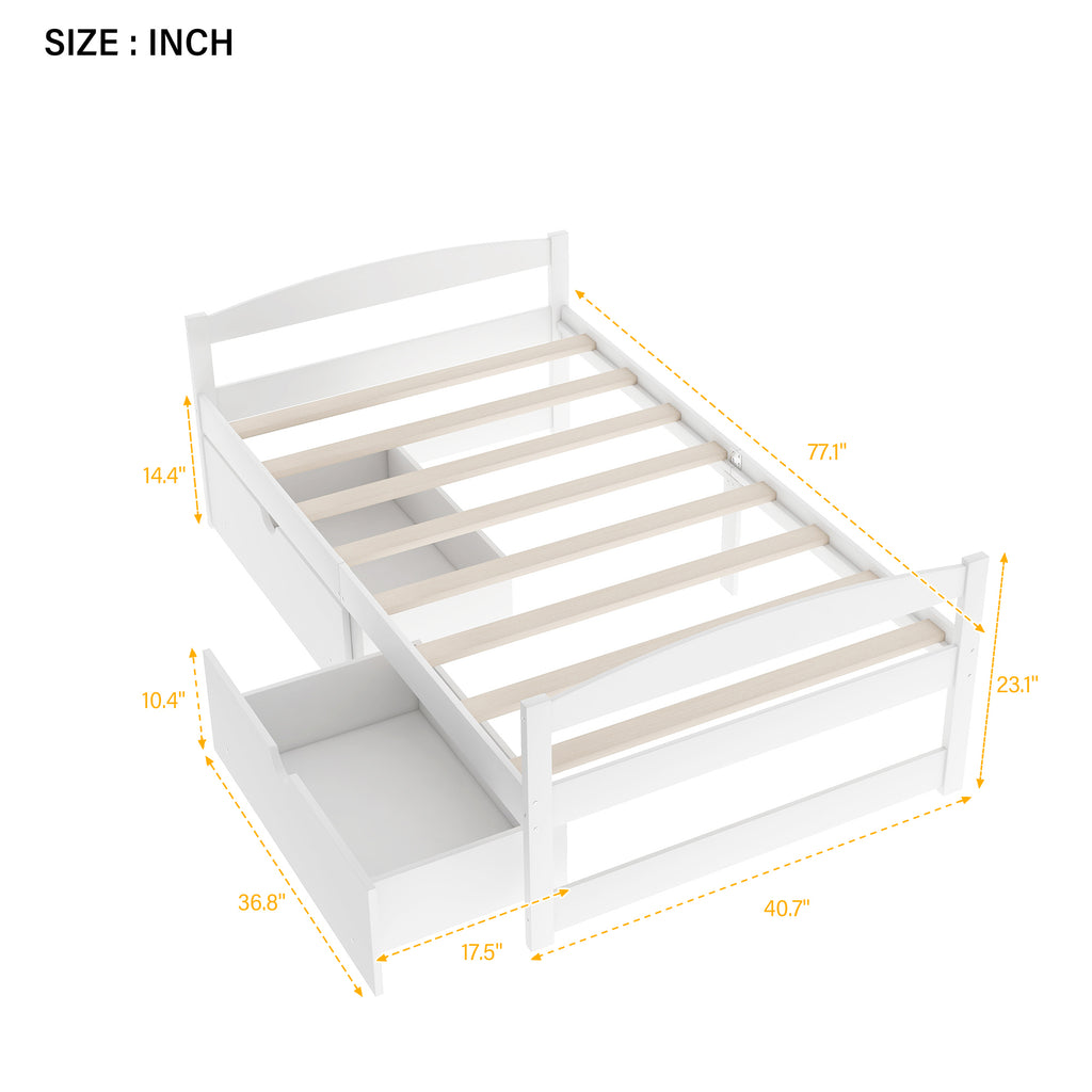 Leoglint Twin size platform bed frame, with two drawers, white