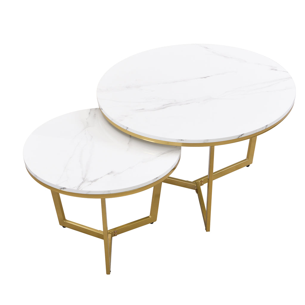 Leoglint Modern Round Nesting Coffee Table Set 2-Piece White & Marbling Top Gold Base