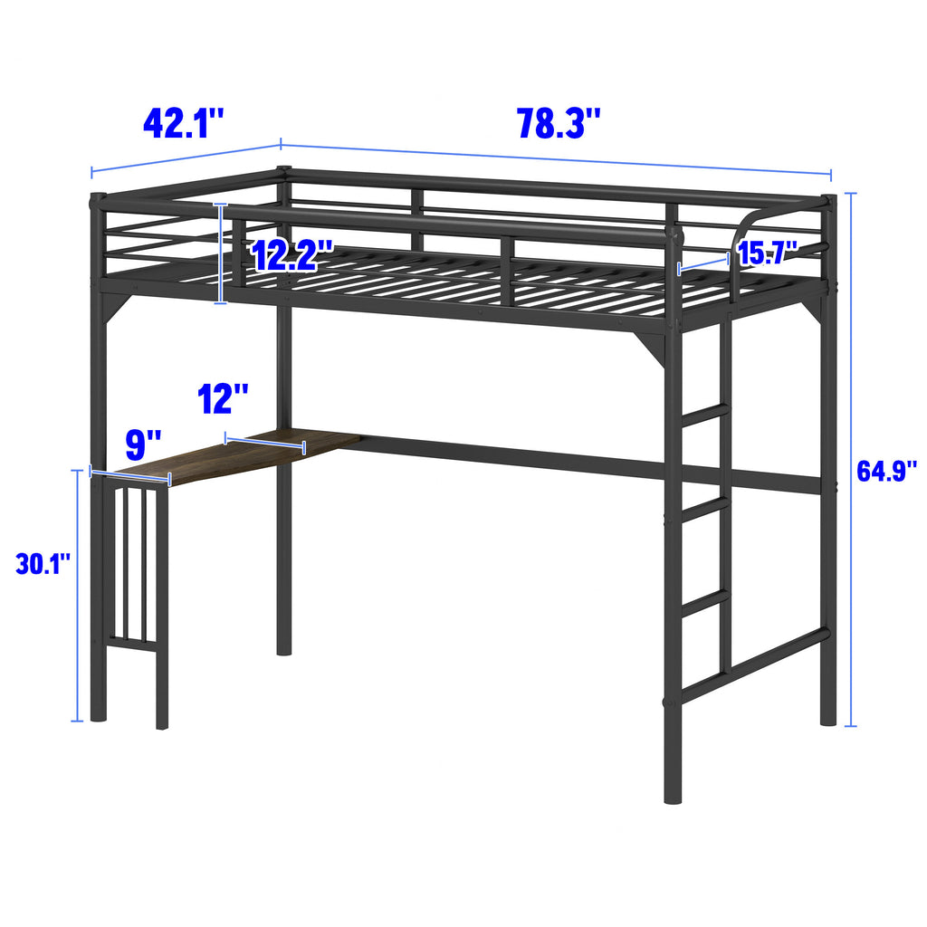 Twin Metal Loft Bed Frame with Desk, Ladder and Guardrails,bookdesk under bed , Black