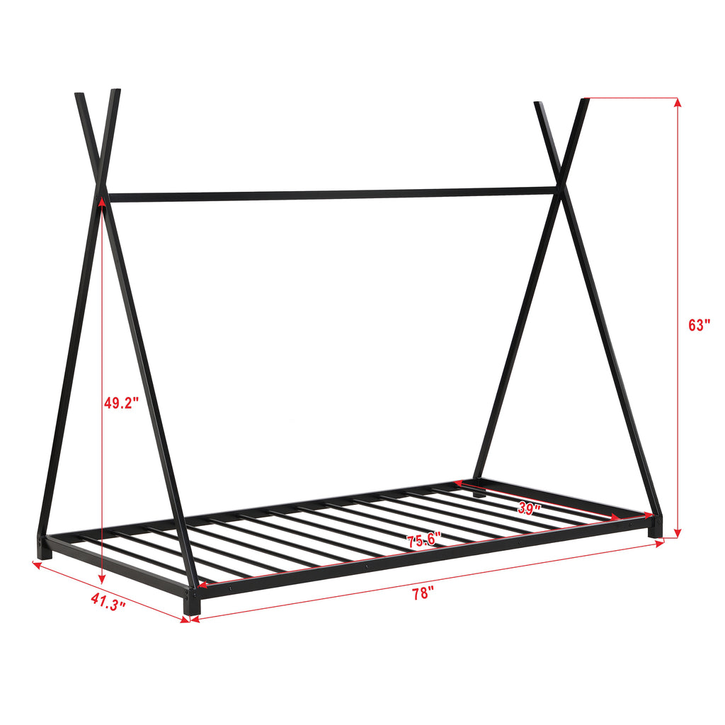 Metal Twin Size House Platform Bed Frame with Triangle Structure, Black