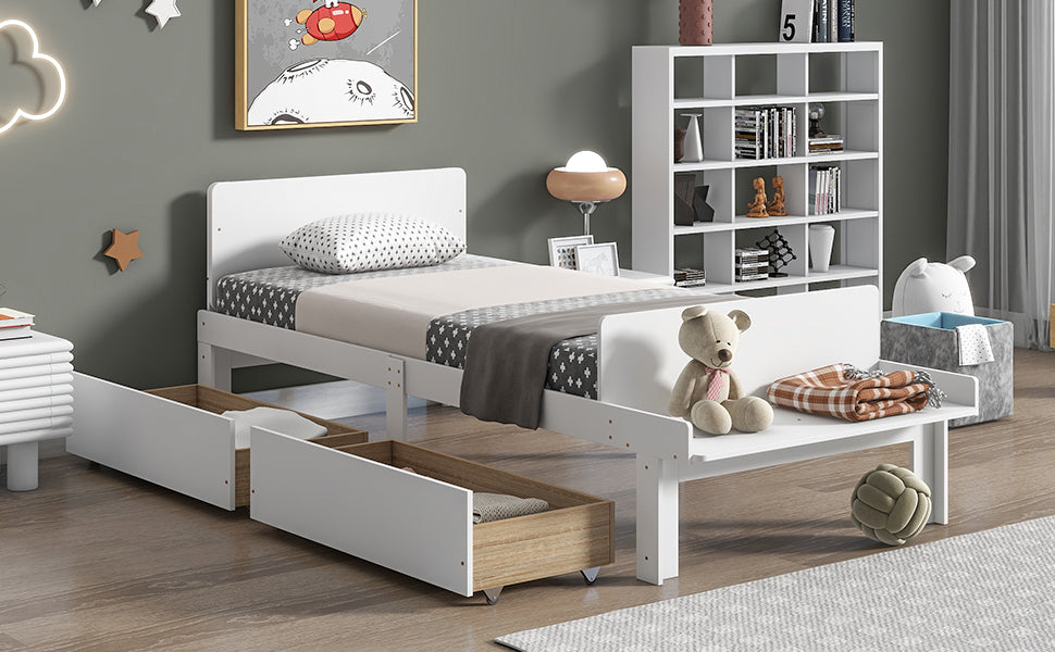 Twin Bed Frame with Footboard Bench,2 drawers,White