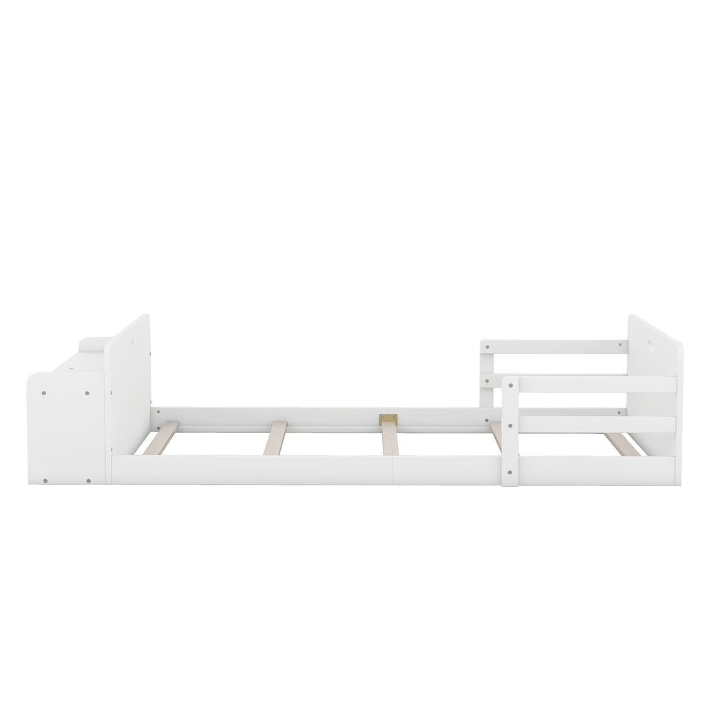 Leoglint Twin Size Floor Bed Frame with Storage Footboard and Guardrail, White