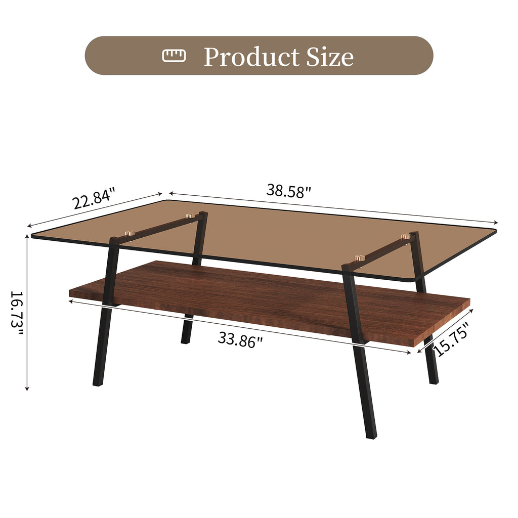 Leoglint Rectangle Coffee Table, Tempered Glass Tabletop with Black Metal Legs, Modern Table for Living Room , Brown Glass