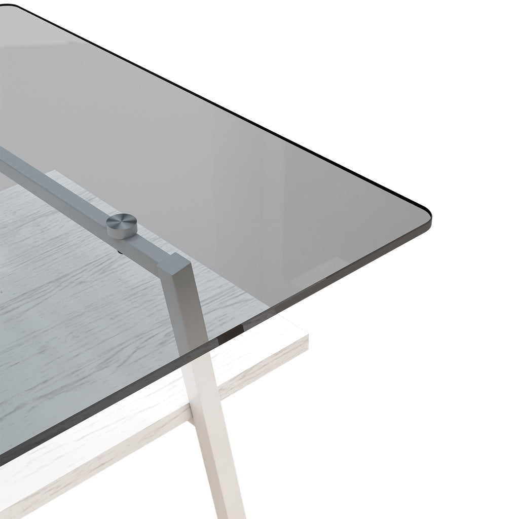 Leoglint Rectangle Coffee Table, Tempered Glass Tabletop with White Metal Legs, Modern Table for Living Room , Gray Glass