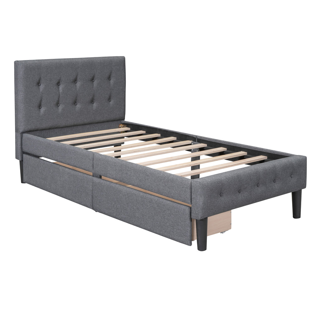 Leoglint Twin Size Upholstered Platform Bed Frame with 2 Drawers, Gray