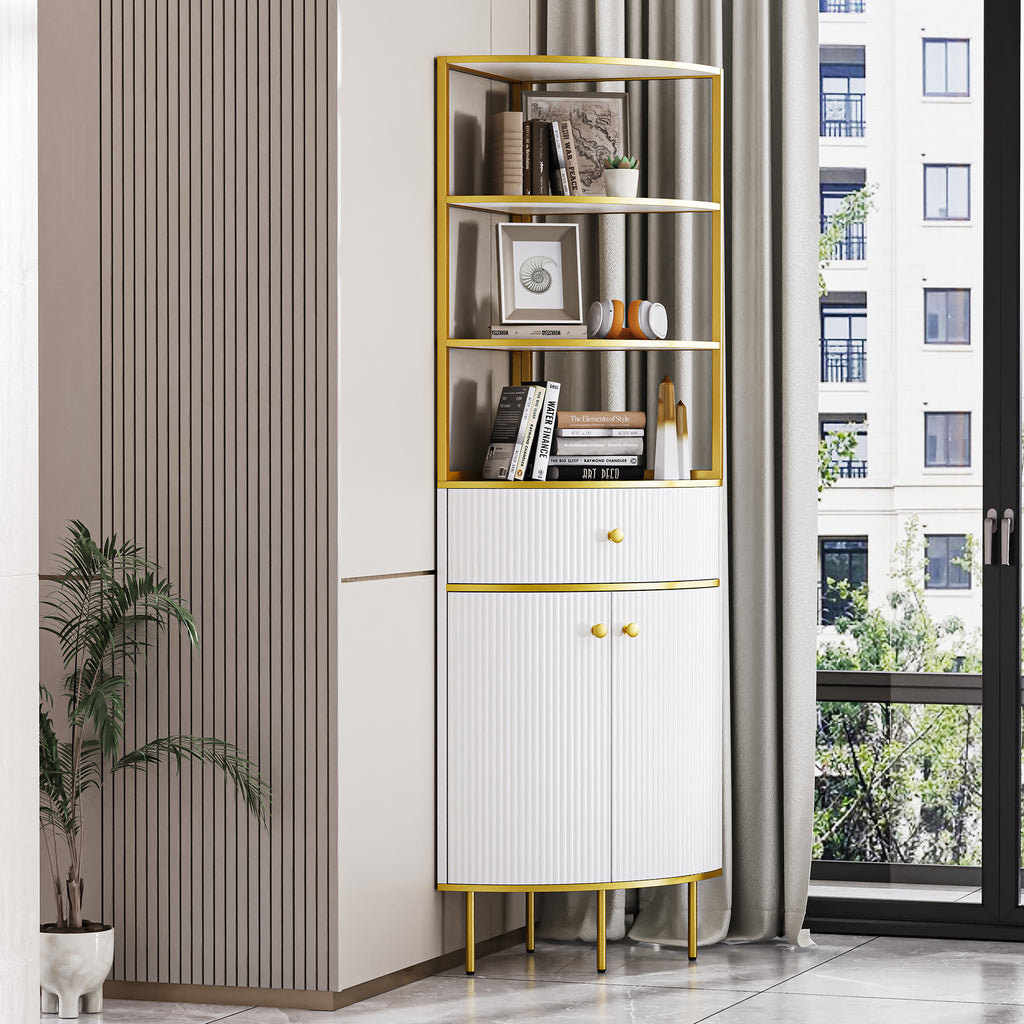 Leoglint 74.8" Tall Modern Corner Bookshelf,Fan-Shaped bookcase with 1 Drawer and 2 Doors ,Wooden Standing Corner Shelf with Gold Metal Frame for Living Room,Home Office,White