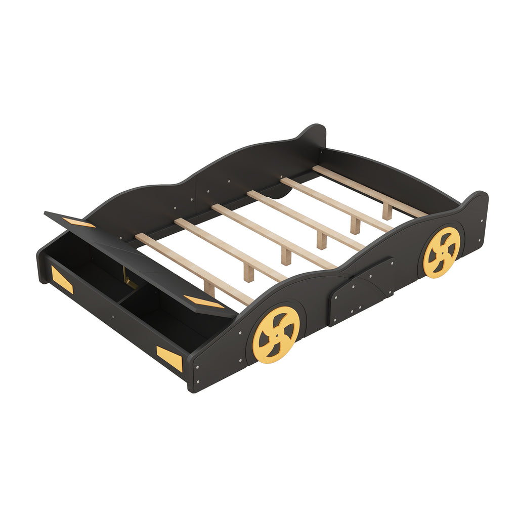 Leoglint Full Size Race Car-Shaped Platform Bed with Wheels and Storage, Black+Yellow