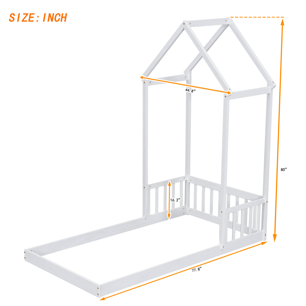 Twin House-shaped Roof Headboard Floor Bed Frame,,(without slats),White