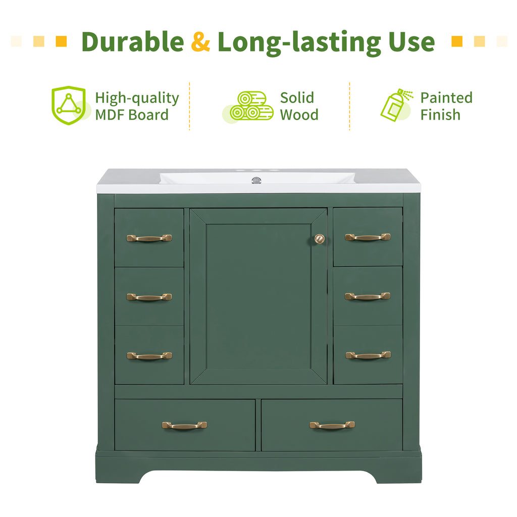 Leoglint 36" Bathroom Vanity without Sink, Cabinet Base Only, Six Drawers, Multi-Functional Drawer Divider, Adjustable Shelf, Green