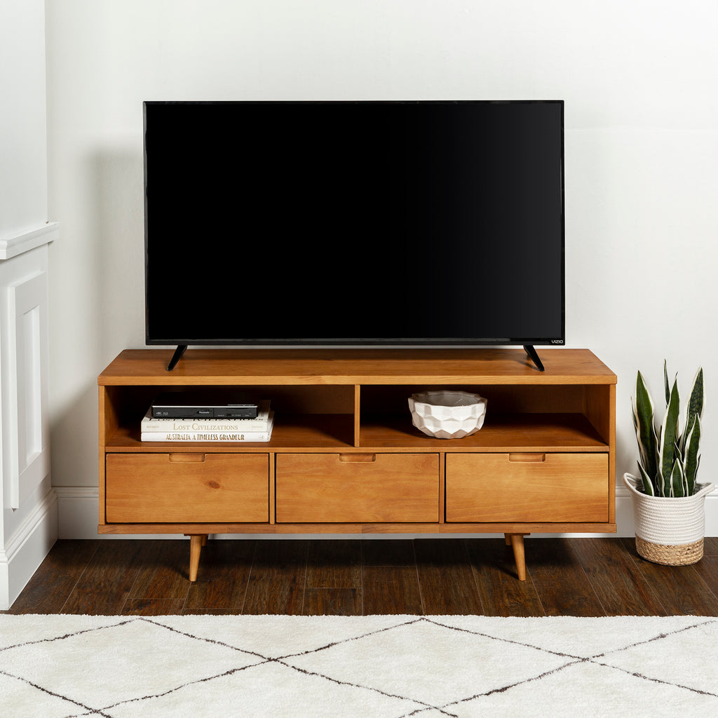 Leoglint Mid-Century Modern Solid Wood 3-Drawer 58" TV Stand for 65" TVs with 2 Open Cubbies - Caramel