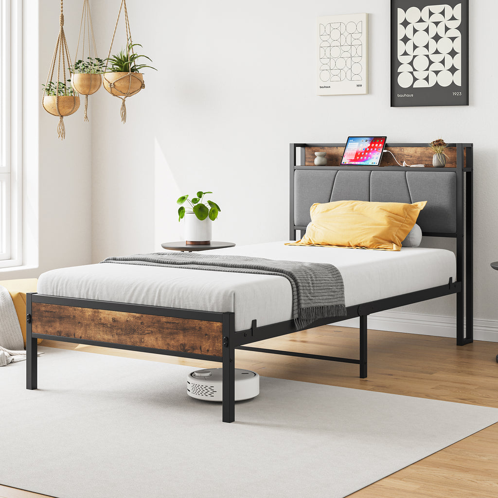 Leoglint Twin Size Bed Frame, Storage Headboard with Charging Station, Solid and Stable, Noise Free, No Box Spring Needed, Easy Assembly