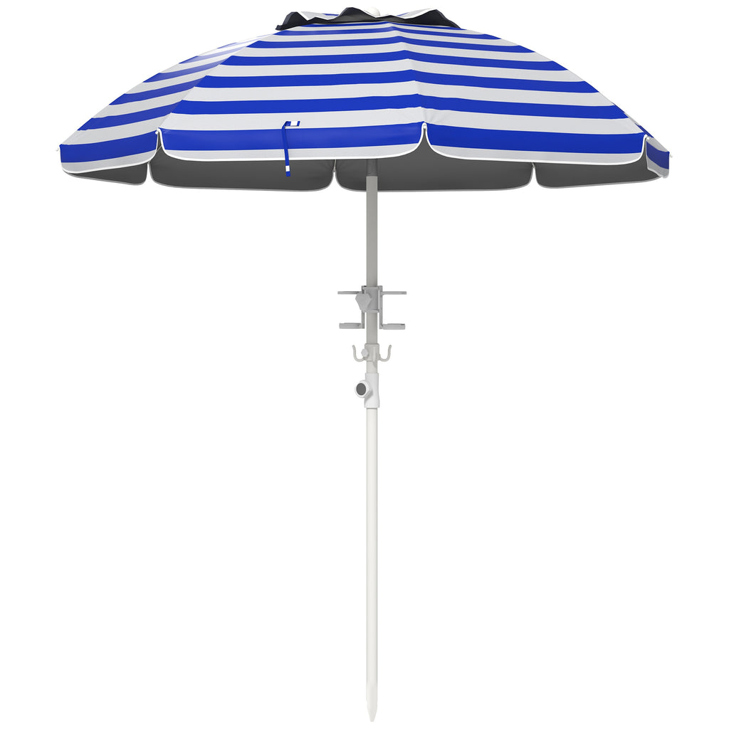 Leoglint 5.7' Portable Beach Umbrella with Tilt, Adjustable Height, 2 Cup Holders & Hooks, UV 40+ Ruffled Outdoor Umbrella with Vented Canopy, Blue White Stripe