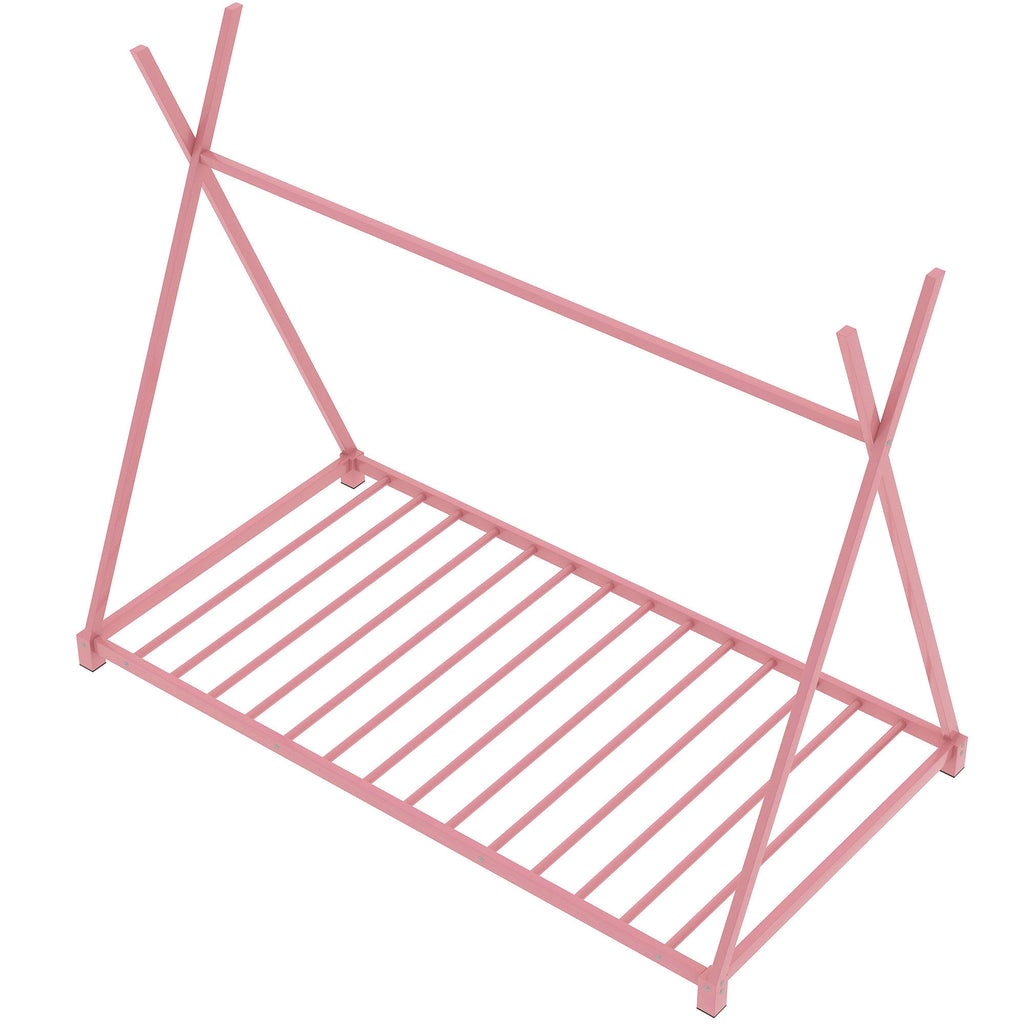 Metal Twin Size House Platform Bed Frame with Triangle Structure, Pink