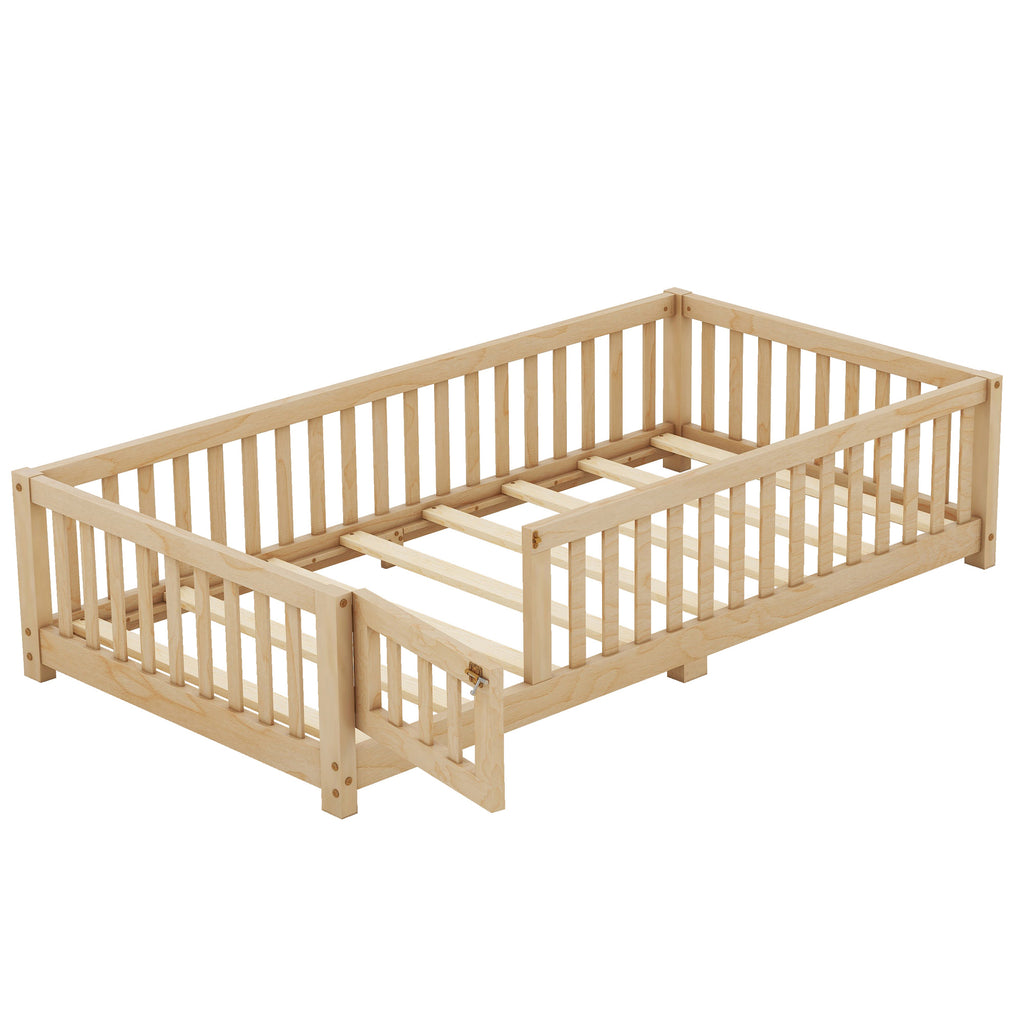 Leoglint Twin Size Bed Floor Bed Frame with Safety Guardrails and Door for Kids, Natural(Old SKU: W158090686)