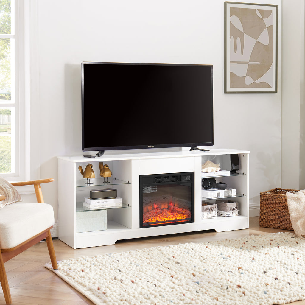 Leoglint TV Stand Electric Fireplace TV Stand with Glass Shelves, 3D Fireplace TV Stand with LED Lights Wood with USB Charging Outlet Modern Television Table Center for TV up to 32-62" White 58''W*15.5''D*24.4