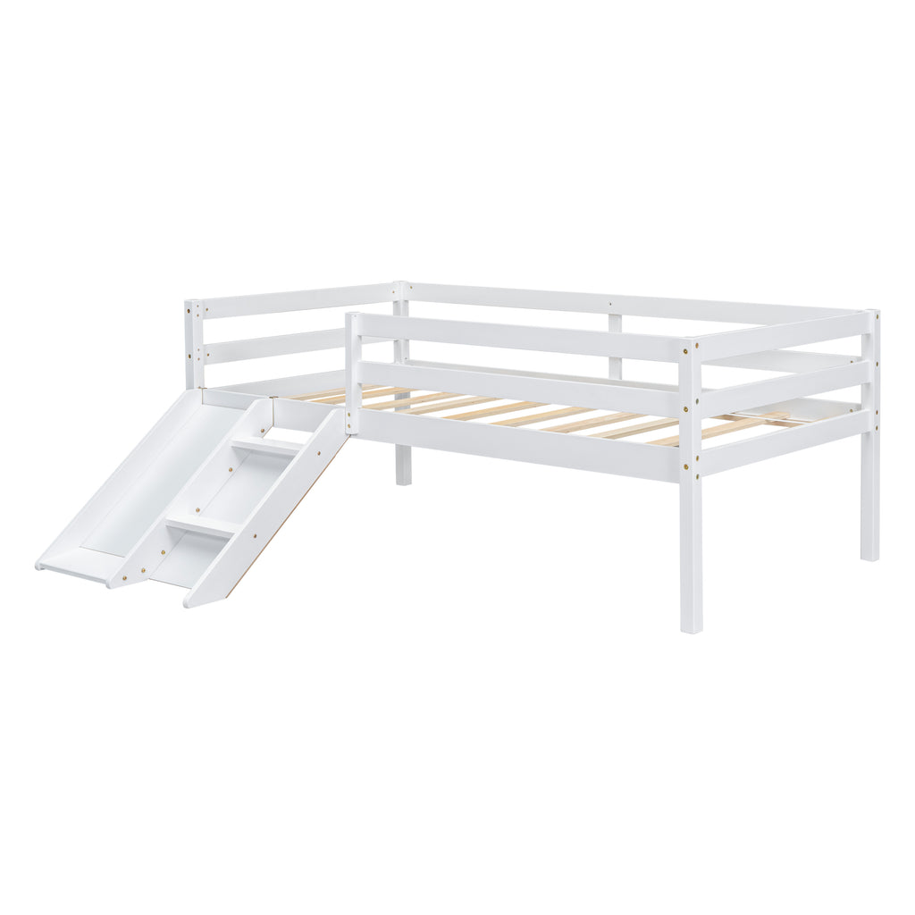 Twin Low Loft Bed Frame with Slide,  Ladder, Safety Guardrails, No Box Spring Needed,White