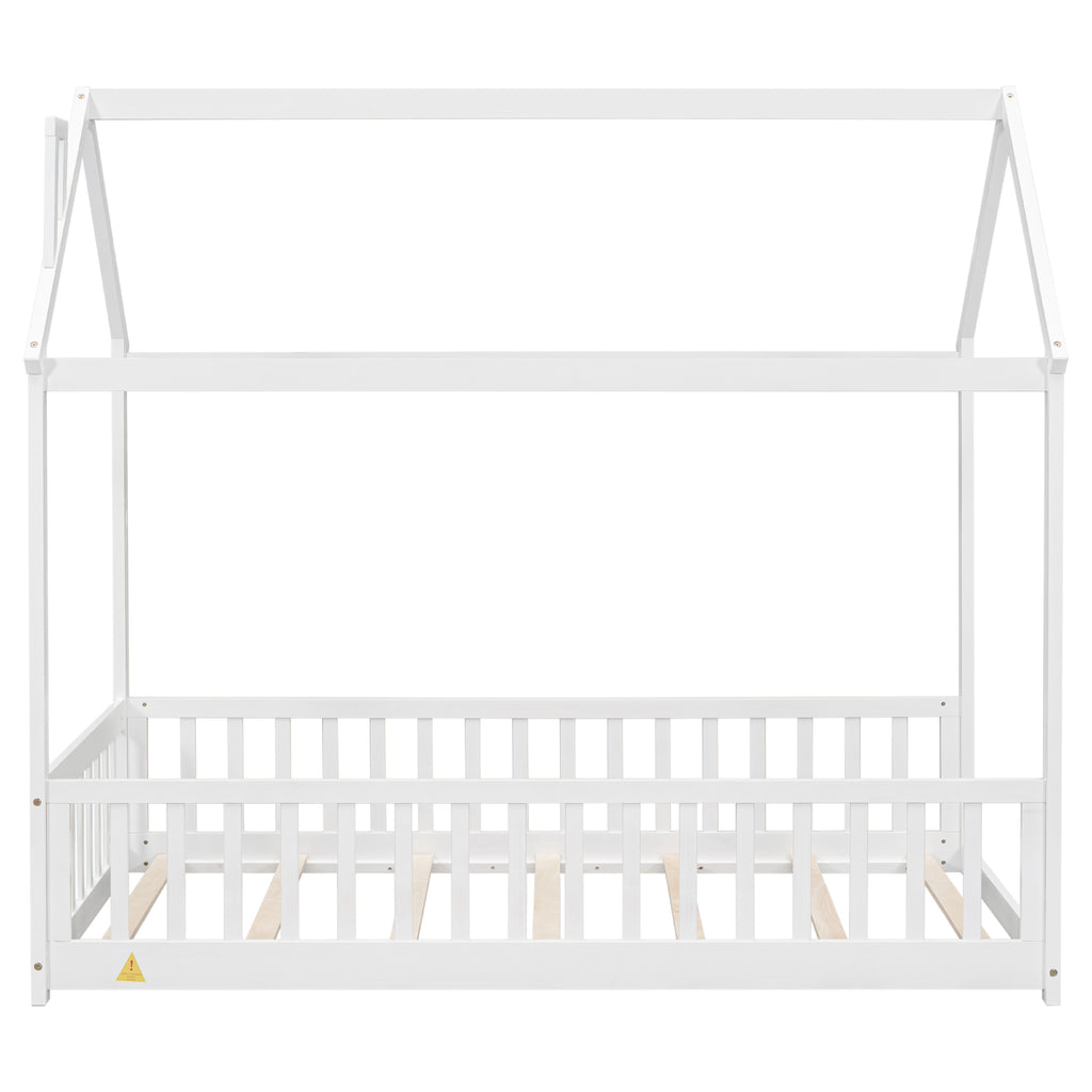 Twin House Bed Frame with Guardrails, Slats ,White