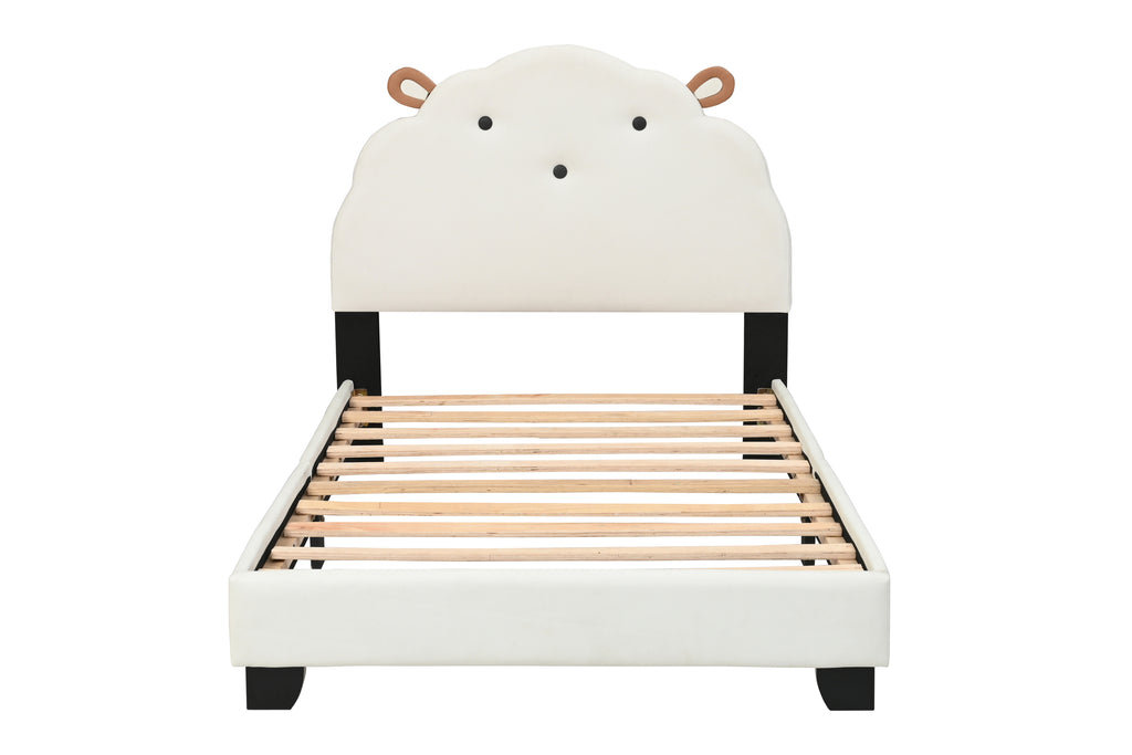 Leoglint Upholstered Twin Size Platform Bed for Kids, Wooden Bed Frame with Slatted Bed Base, No Box Spring Needed, Cute Bed Frame with Sheep Design Headboard for Girls Boys Teens, White