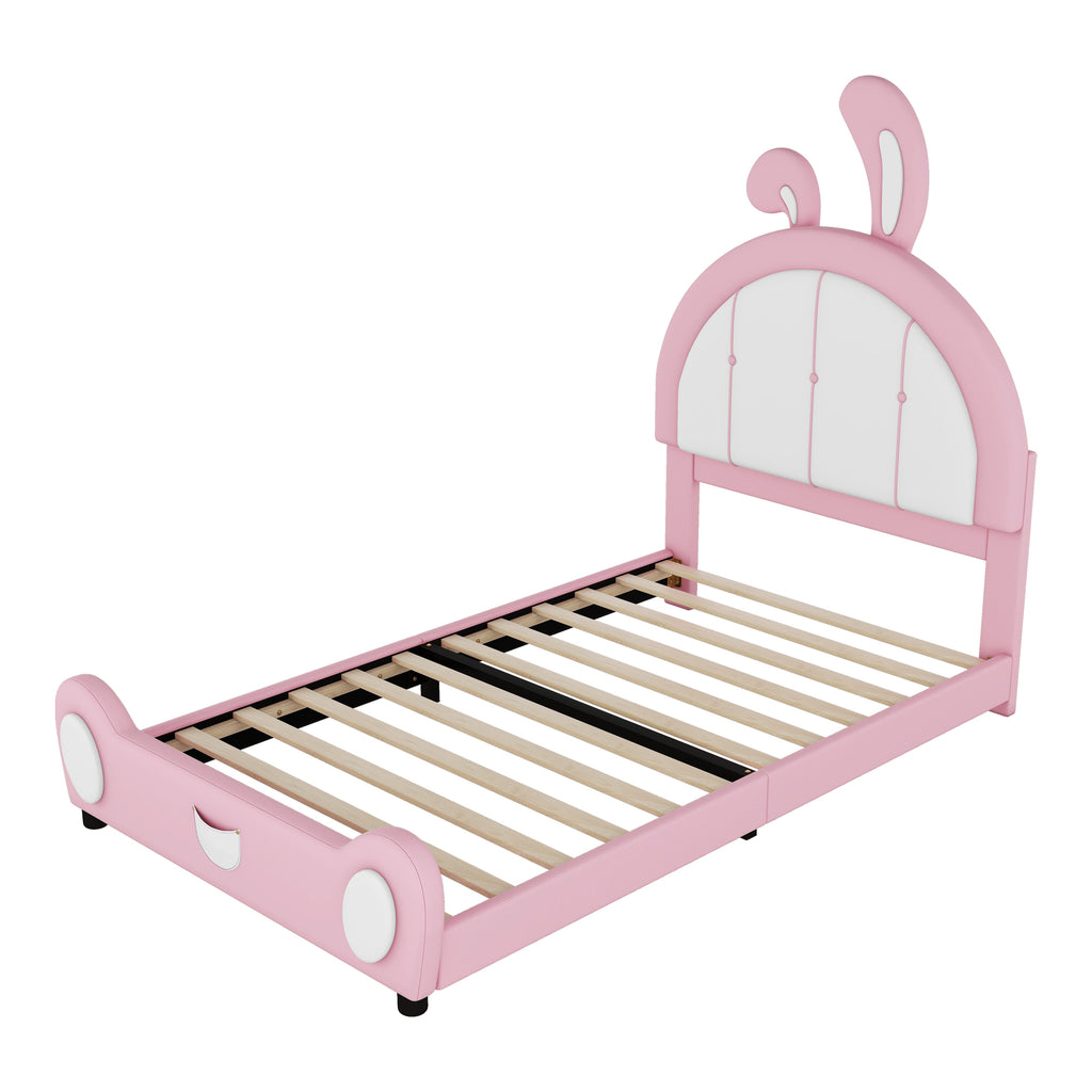 Leoglint Twin Size Upholstered Platform Bed Frame with Rabbit Shaped Headboard, Pink