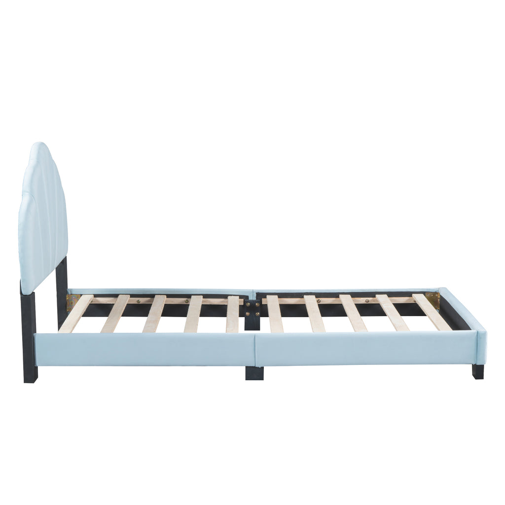 Leoglint Twin Size Upholstered Velvet Platform Bed Frame with Shell-Shaped Headboard, Blue