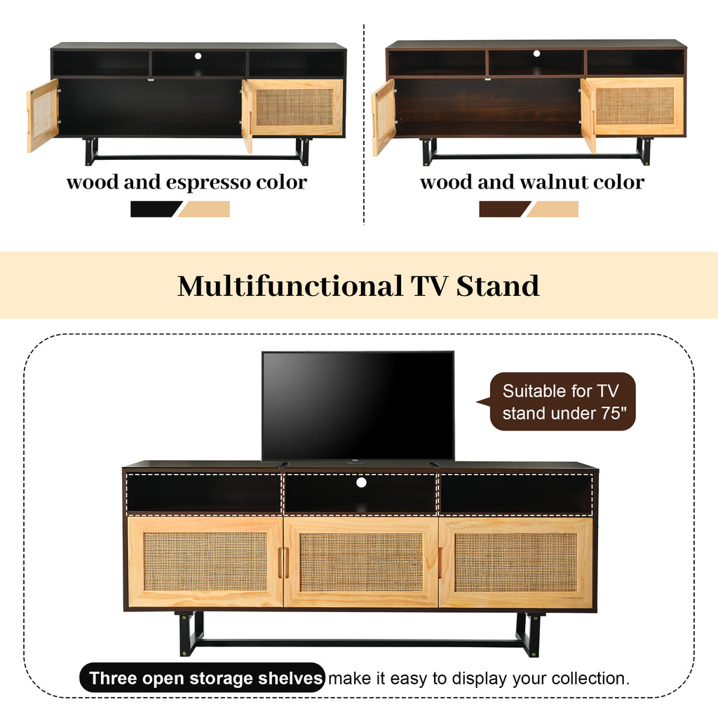 Leoglint TREXM Retro Rattan TV Stand 3-door Media Console with Open Shelves for TV Stand under 75''(Walnut)