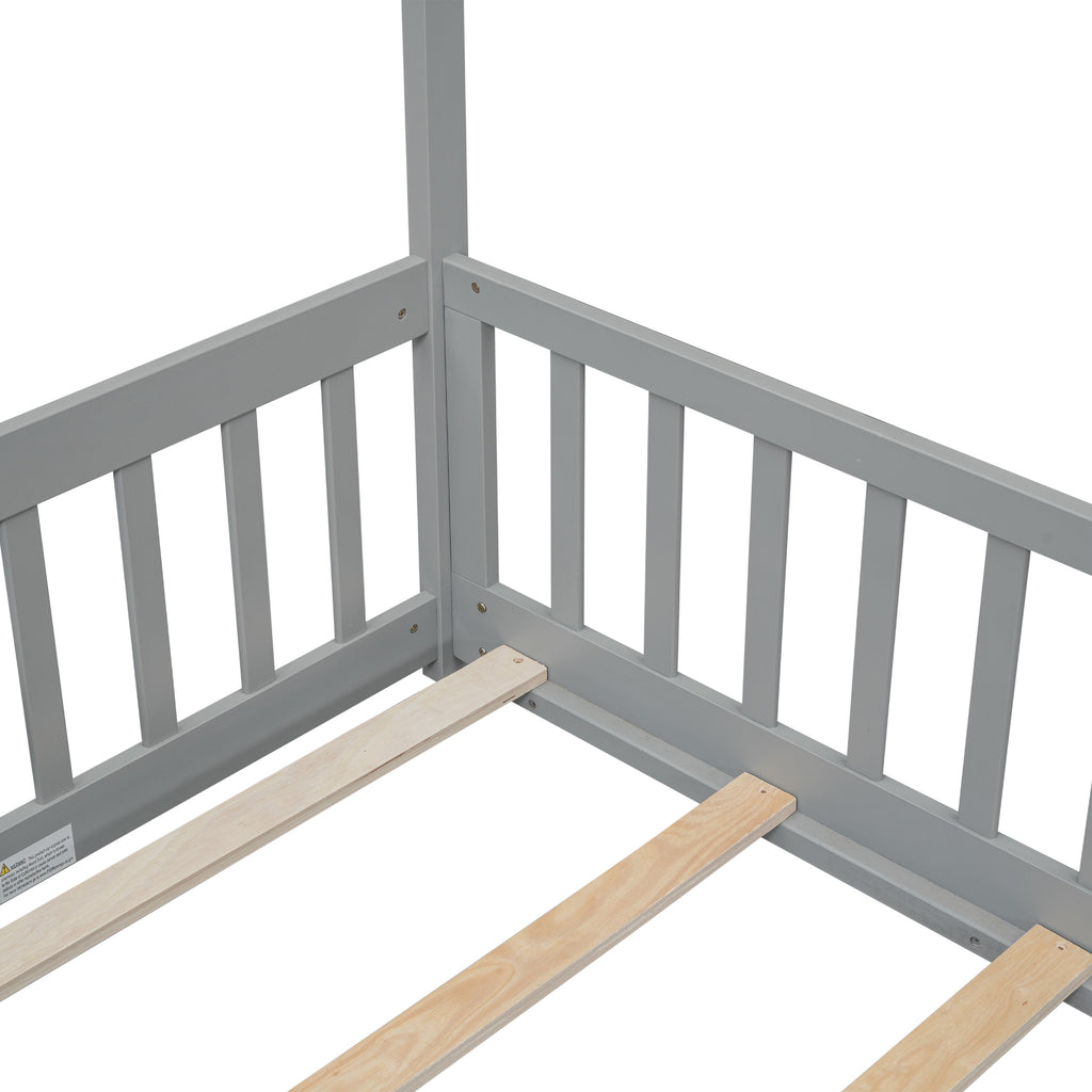 Twin House Bed Frame with Guardrails, Slats ,Grey