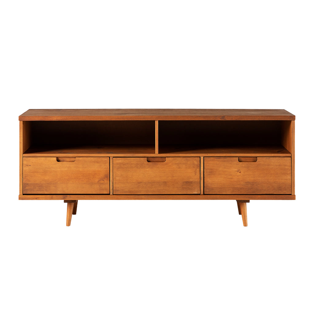 Leoglint Mid-Century Modern Solid Wood 3-Drawer 58" TV Stand for 65" TVs with 2 Open Cubbies - Caramel