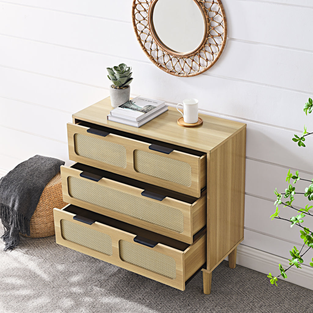 Leoglint 3 drawer dresser,Drawer Chest, modern rattan dresser cabinet with wide drawers and metal handles, farmhouse wooden storage chest of drawers for room, living room, hallway, entrance, office