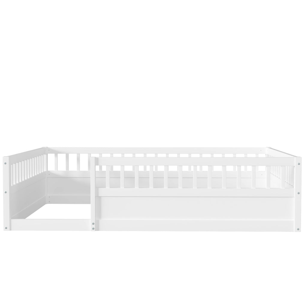 Leoglint Full Floor Bed Frame with Fence, Wood Kids Floor Beds Frame for Bedroom Playroom,White(Expect arrive date Jul. 10th)