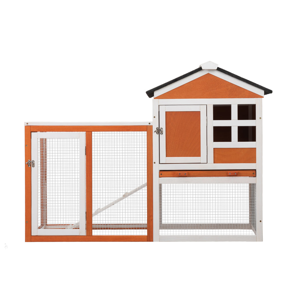 Leoglint 2-Story Wooden Rabbit Hutch Bunny Cage, Chicken Coop, Pet House for Small Animals, Orange + White