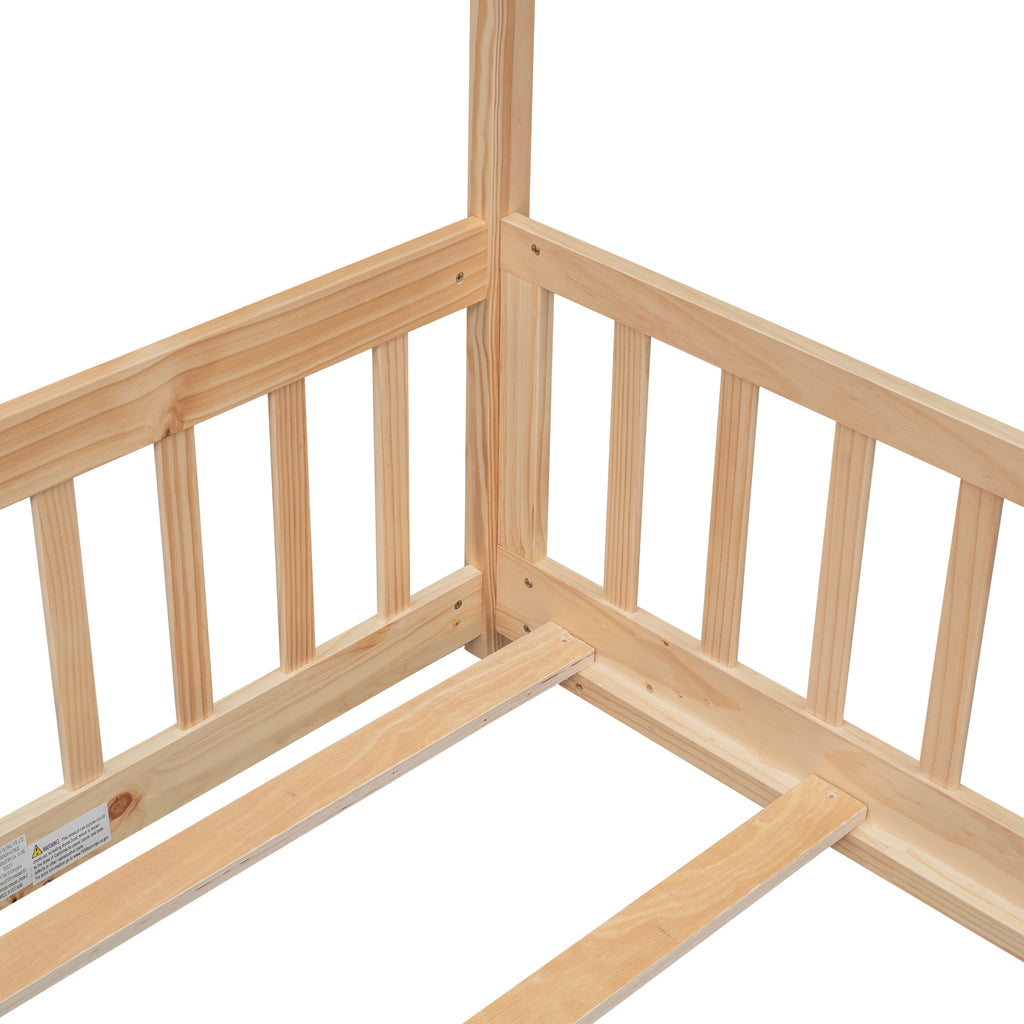 Twin House Bed Frame with Guardrails, Slats ,Natural