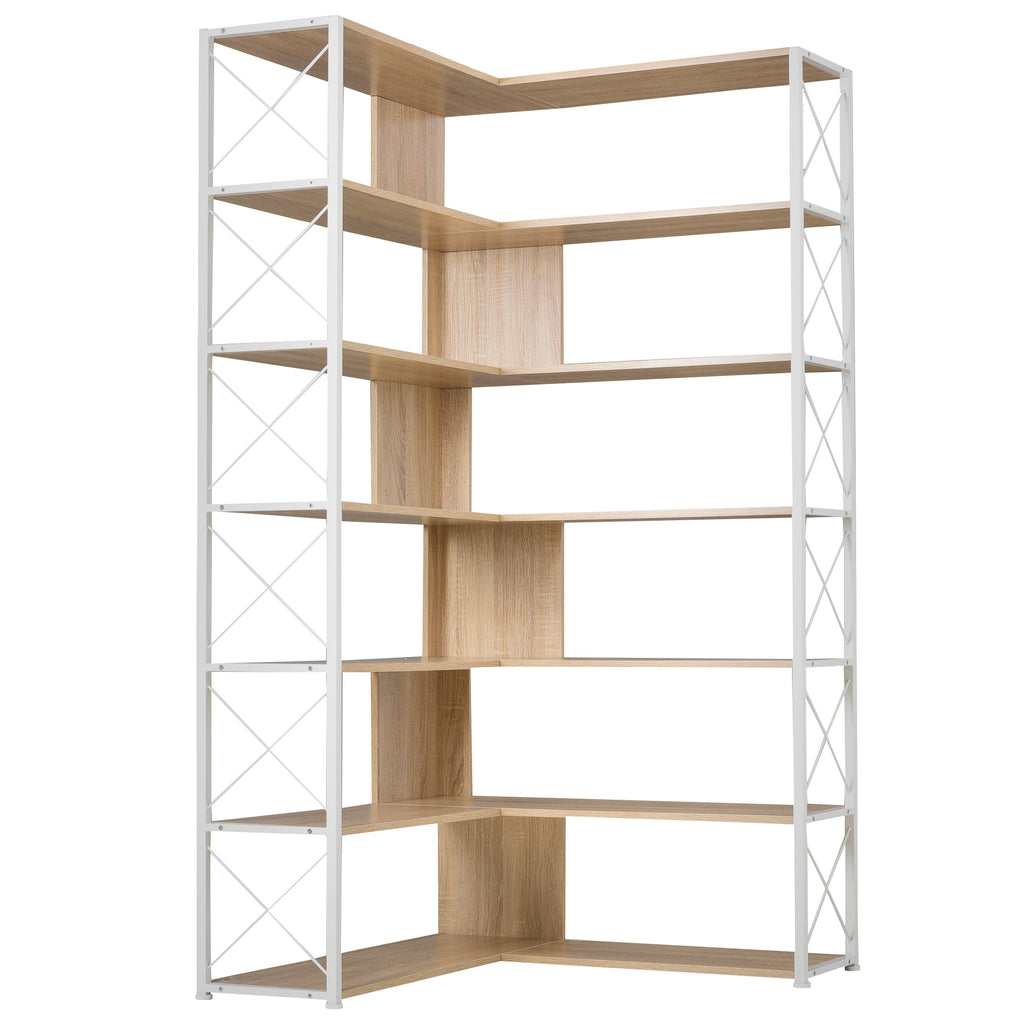 Leoglint 7-Tier Bookcase Home Office Bookshelf,  L-Shaped Corner Bookcase with Metal Frame, Industrial Style Shelf with Open Storage, MDF Board