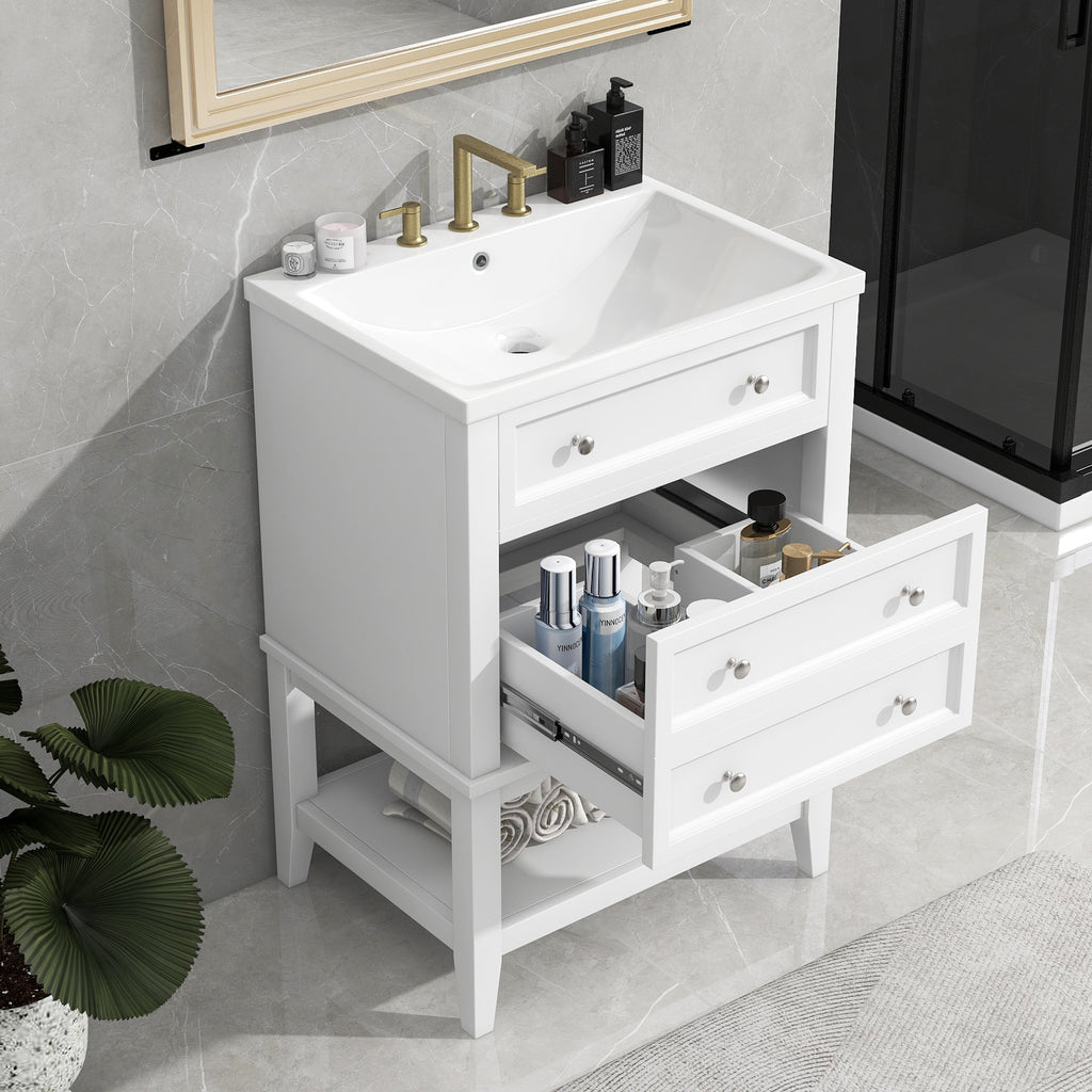 Leoglint 24" Bathroom Vanity With Sink, Bathroom Storage Cabinet with Drawer and Open Shelf, Solid Wood Frame, White