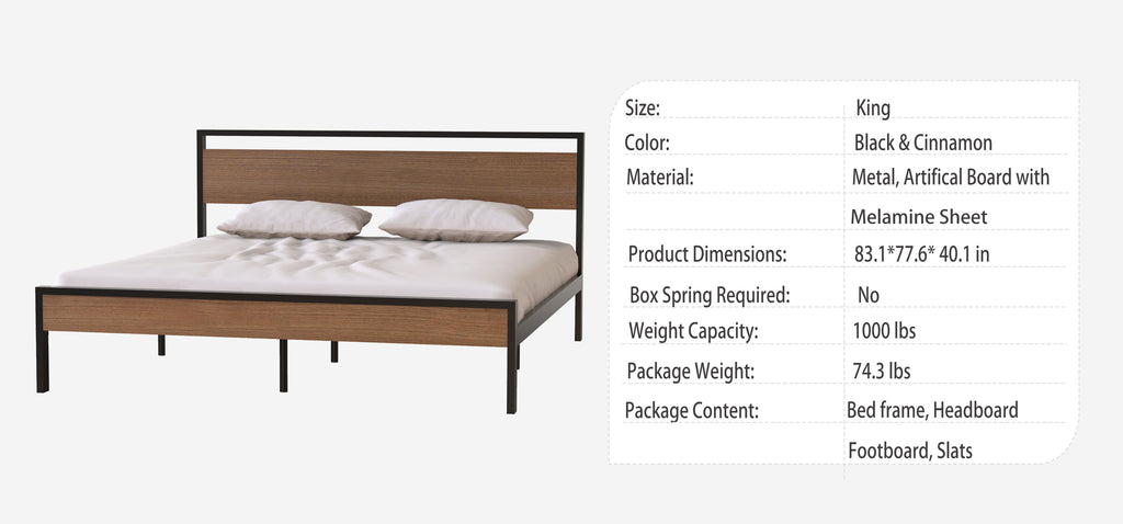 Leoglint Bed Frame Ceres Metal Bed, Black with Cinnamon Wood Headboard&Footboard, King