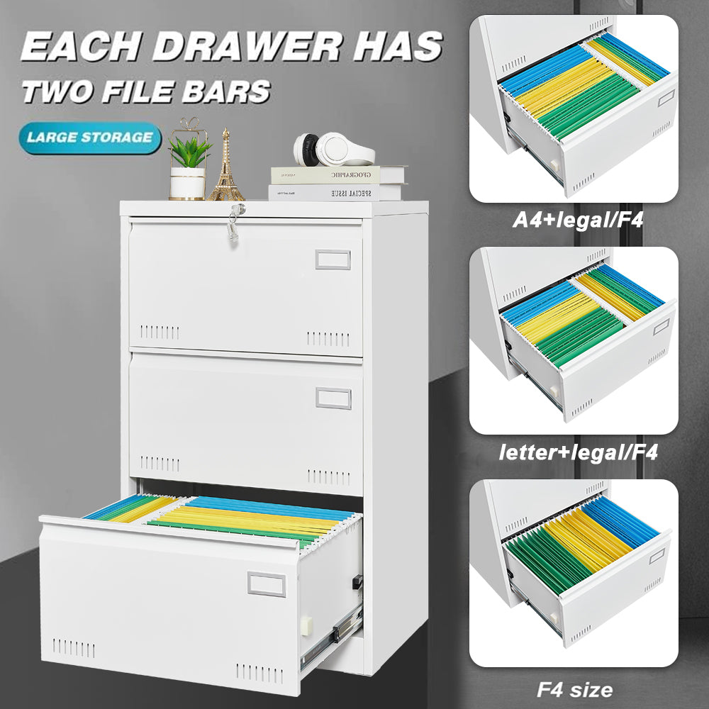 Leoglint Filing Cabinet Lateral File Cabinet 3 Drawer, White Filing Cabinets with Lock, Locking Metal File Cabinets Three Drawer Office Cabinet for Legal/Letter/A4/F4 Home Offic