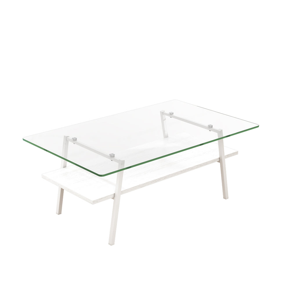 Leoglint Rectangle Coffee Table, Tempered Glass Tabletop with White Metal Legs, Modern Table for Living Room , Transparent Glass